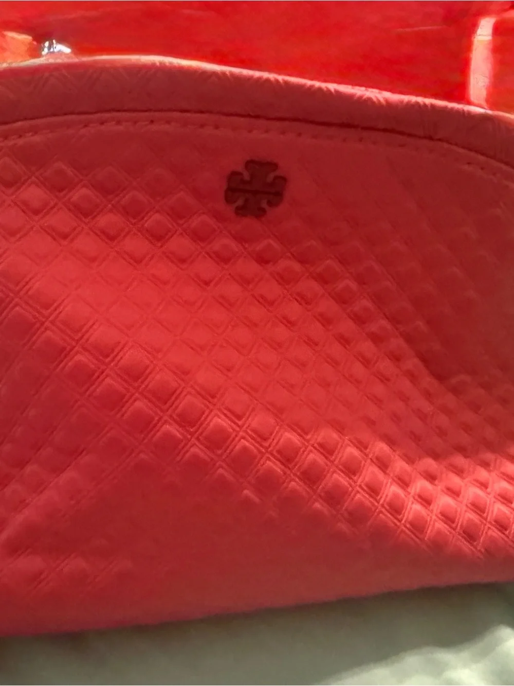 Tory Burch Quilted Coral Red Cosmetic Case with Logo